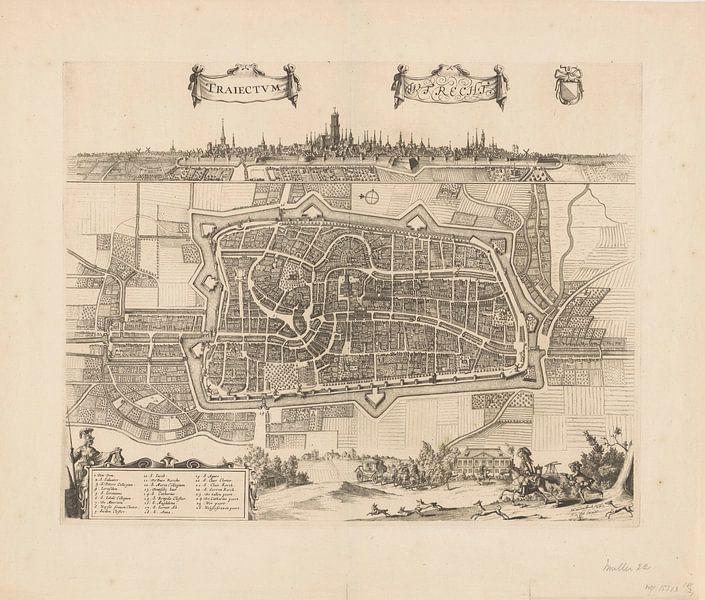 Plattegrond van de stad Utrecht met stadsgezicht, Johannes Jacobsz van den Aveele, ca. 1700 - ca. 17 van Historisch Utrecht