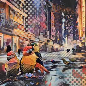 Mixed media - parkieten in de stad van Emiel de Lange