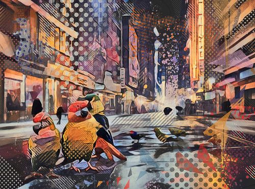 Mixed media - parkieten in de stad