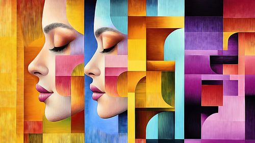 Twee vrouwen in een abstract geometrisch landschap