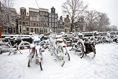 Snowy bikes in Amsterdam in winter