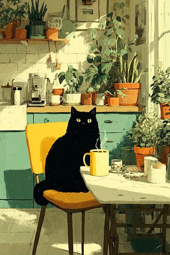 A black cat at the kitchen table with a cup of coffee