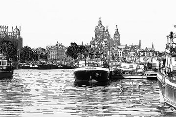 Pen drawing Oosterdok Amsterdam Netherlands Line drawing Black and White