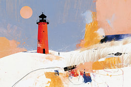 Red lighthouse amongst the dunes, modern art by Lina van Oers