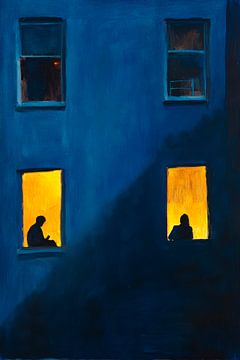 Two silhouettes in the window light - night blue by Poster Art Shop