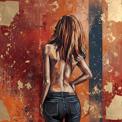 Vrouw met blote rug - kunstwerk in warm oranje greige en goud bruin tint