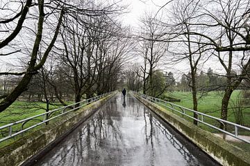 Woman walking over a pedestrian bridge in the rain in Ljubljana van Werner Lerooy