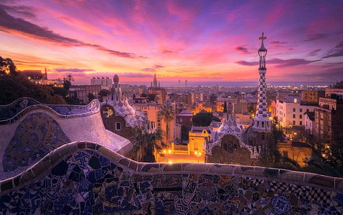 Sunrise Casts a Magical Glow Over Barcelona From the Vibrant Park Guell