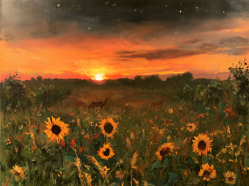 Champ de tournesols au coucher du soleil