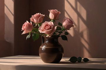 Pink roses in vase by De Muurdecoratie