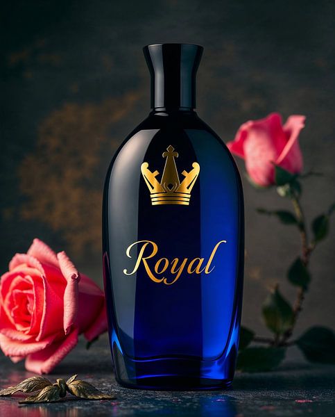 Königsblaue Designerflasche mit Krone und Royal Schriftzug in Gold von Liona Toussaint