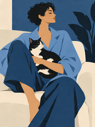Une femme en bleu tenant un chat noir