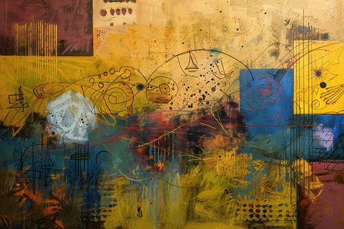 Abstract Schilderij - Donker Blauw Goud Krachtig en Dynamisch