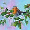 Rotkehlchen mit Ilex und roten Beeren Hochformat von Karen Kaspar