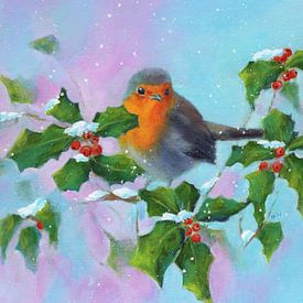 Rouge-gorge avec houx et baies rouges Portrait sur Karen Kaspar