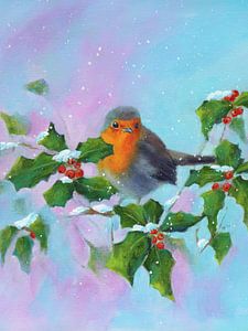 Rotkehlchen mit Ilex und roten Beeren Hochformat