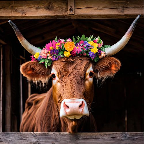 Bull with magnificent flower crown in wooden stable