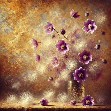 Colourful Impression of Purple Flowers on a Gold Background by Lieke van den Oord