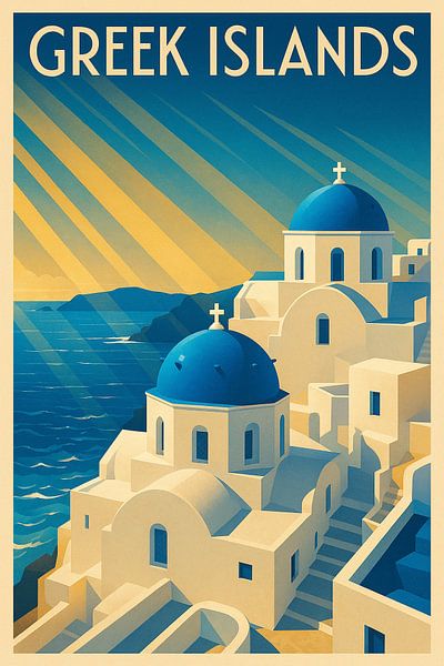 Griechische Inseln Art Deco Poster - Santorini Wandkunst von Travel Shop