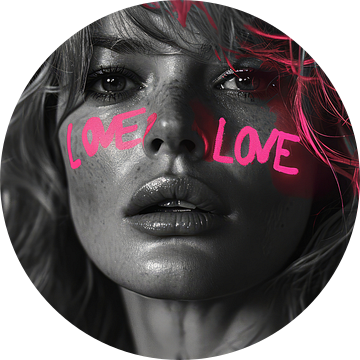 Portret van een jonge Brigitte lookalike met in neon het woord LOVE op haar gezicht geschreven van Carla Van Iersel