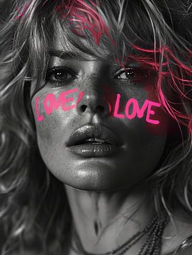 Portret van een jonge Brigitte Bardot lookalike met in neon het woord LOVE op haar gezicht geschreven van Carla Van Iersel