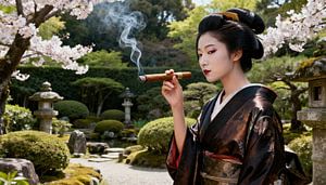 Geisha im japanischen Garten beim Rauchen einer Zigarre