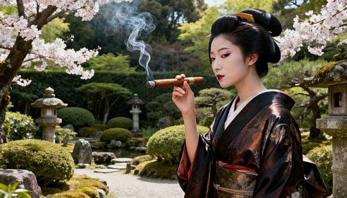 Geisha im japanischen Garten beim Rauchen einer Zigarre von Egon Zitter