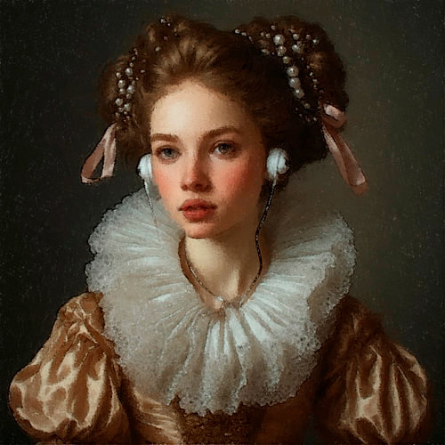 Ein Fine-Art-Porträt einer jungen Frau mit Kopfhörern vor einem dunklen Hintergrund – im Stil der holländischen Meister des 21. Jahrhunderts.