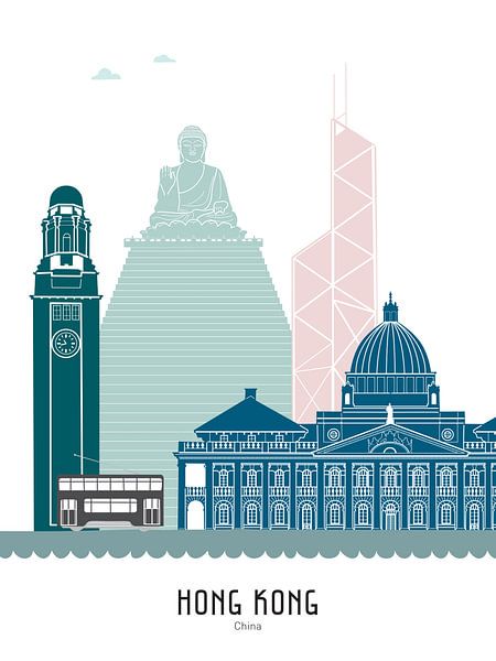 Skyline-Illustration der Stadt Hongkong in Farbe von Mevrouw Emmer