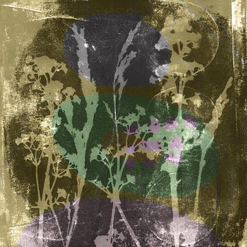 Abstrakte Retro-Botanik. Blumen, Pflanzen und Blätter in braun, beige, grün lila von Dina Dankers