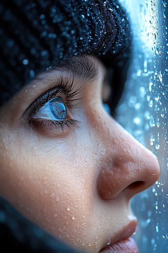 Jonge vrouw bij het raam in een winterstorm