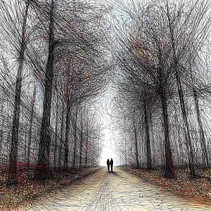 chemin dans la forêt avec un couple en train de se promener, dessin à la plume