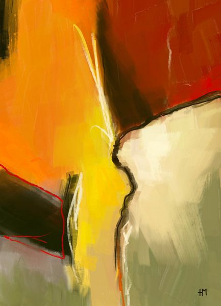 Abstracte kleuren, schilderij  met oranje, geel en rood van Hella Maas
