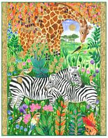 Giraffen und Zebras inmitten einer lebendigen Flora und Vögel