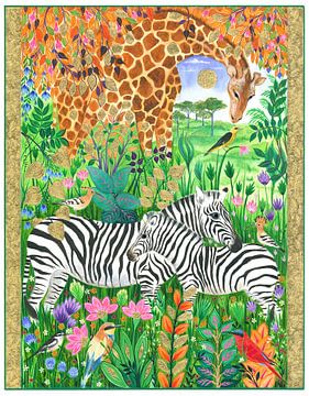 Giraffe en zebra's te midden van levendige flora en vogels van Isabelle Brent