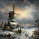 Hollands winterlandschap schilderij met molen van Preet Lambon thumbnail