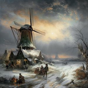 Niederländische Winterlandschaft mit Windmühle