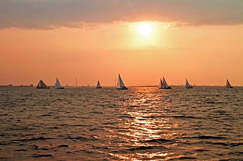 Zeilen op het IJsselmeer met zonsondergang