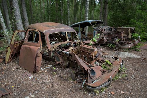Autokerkhof in een bos in Ryd in Zweden