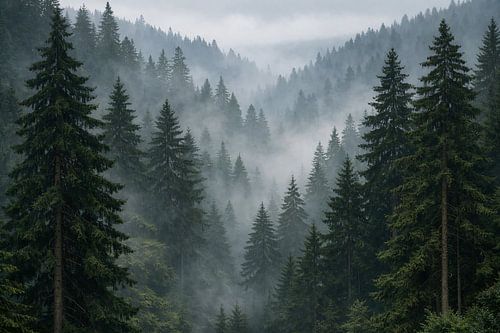Fog over the pine-covered slopes – Mist Over the Pine Slopes