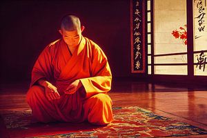 Shaolin monnik zittend in een tempel die zijn meditatie illustreert van Animaflora PicsStock