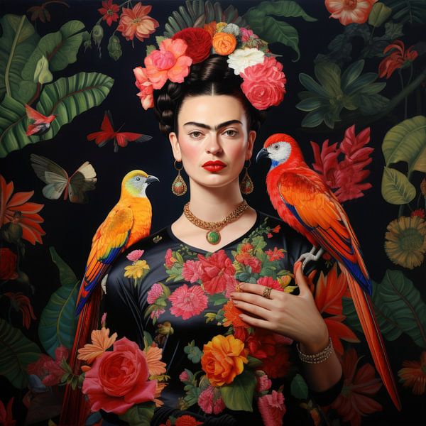 Tropical Kahlo mit Papageien von Natasja Haandrikman