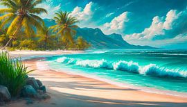 Strand met palmbomen en zee