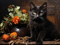Cute Black Cat and Flowers