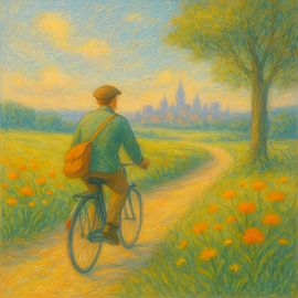 Unterwegs auf der Straße. Ein Mann auf dem Fahrrad. Auf Kurs, Zukunft und inneres Schicksal von Basahen