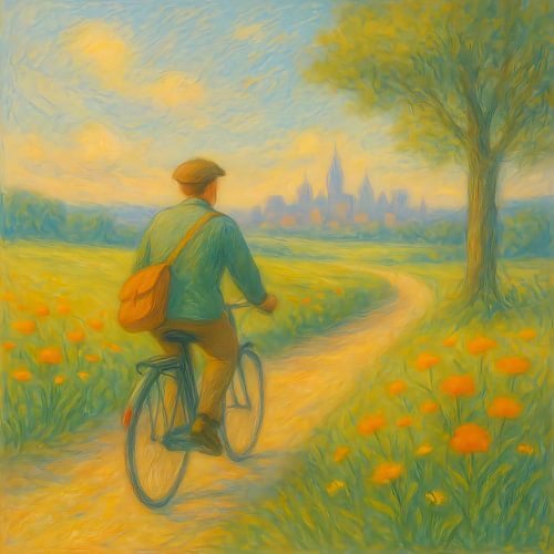 Unterwegs auf der Straße. Ein Mann auf dem Fahrrad. Auf Kurs, Zukunft und inneres Schicksal