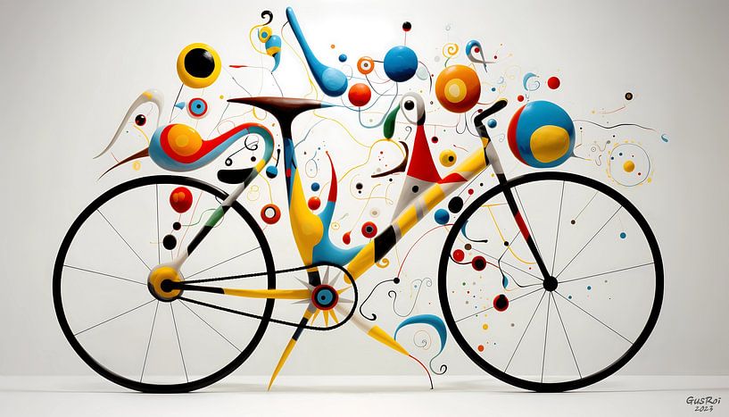 Kleurrijke, levendige Whimsical Ride fiets muurposter abstracte kunst van Gustavo Rois