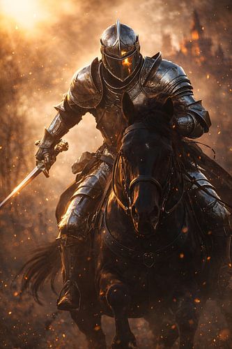Fantaisie : chevalier médiéval sur un cheval noir