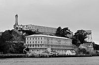 Alcatraz Prison: Iconic View from the Ferry in Black and White