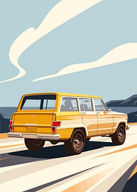 Vintage yellow Jeep Wagoneer rear view, coastal mountain road by Adam Khabibi